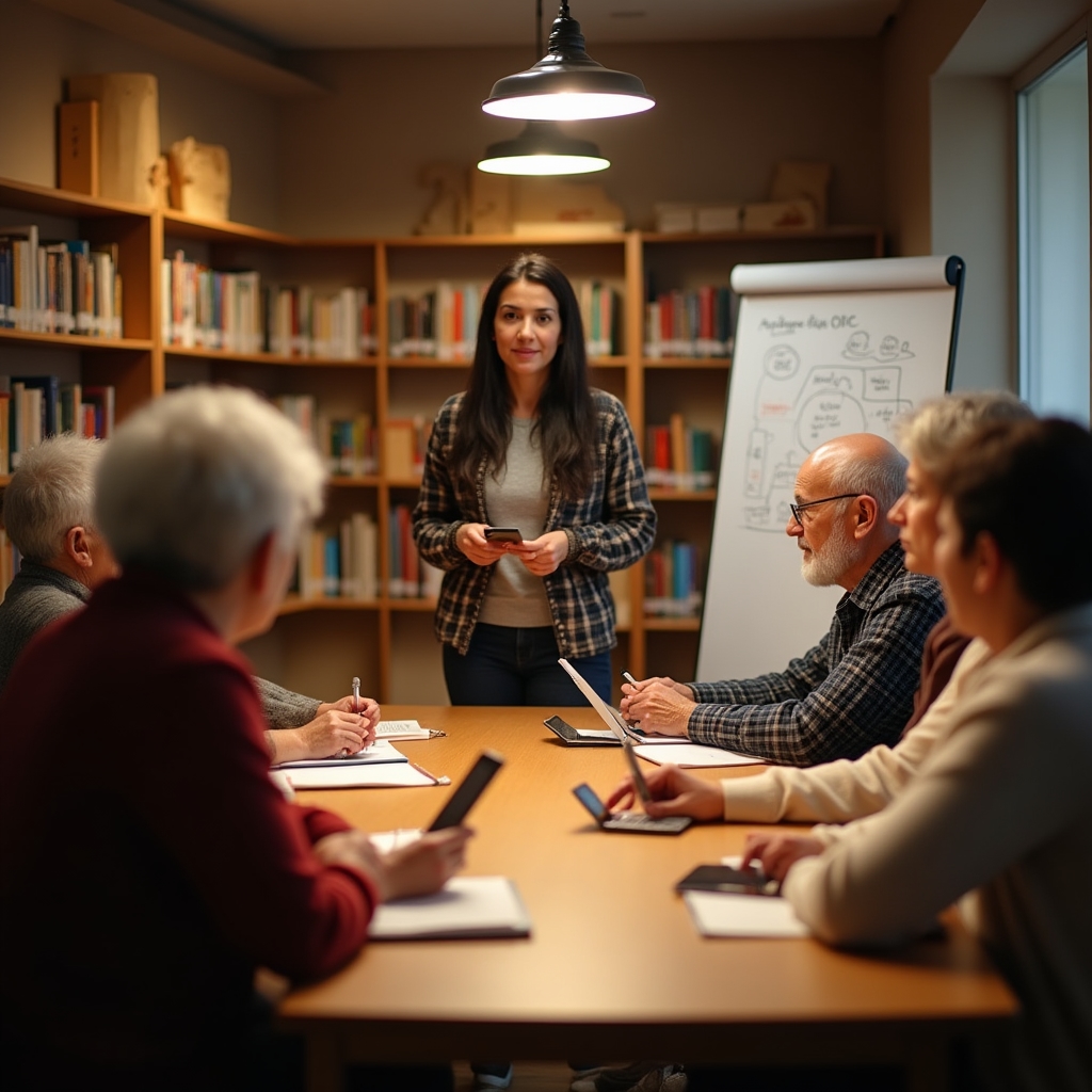 Пожилые люди на занятии по финансовой грамотности в библиотеке