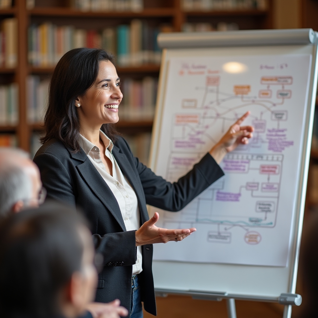 Преподаватель объясняет материал группе пожилых участников клуба