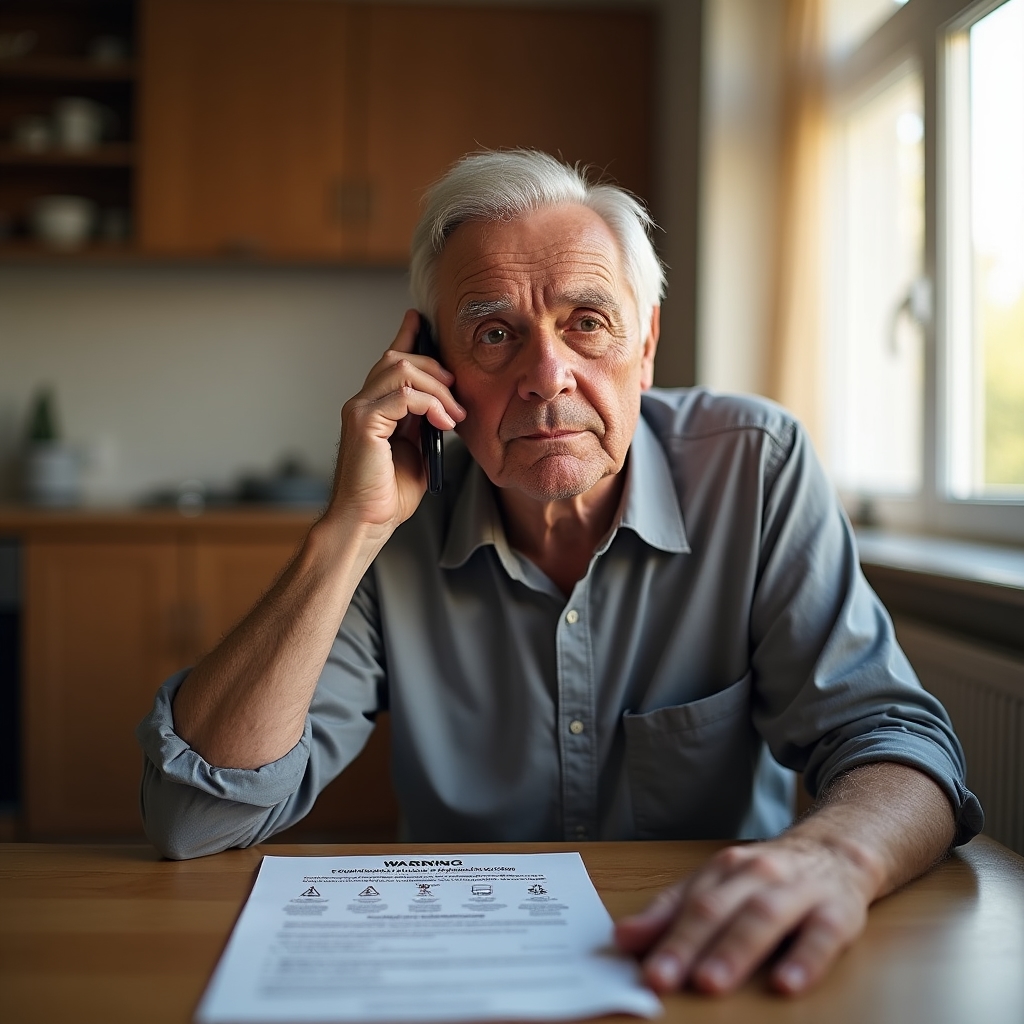 Пожилой человек внимательно слушает информацию о телефонных мошенниках